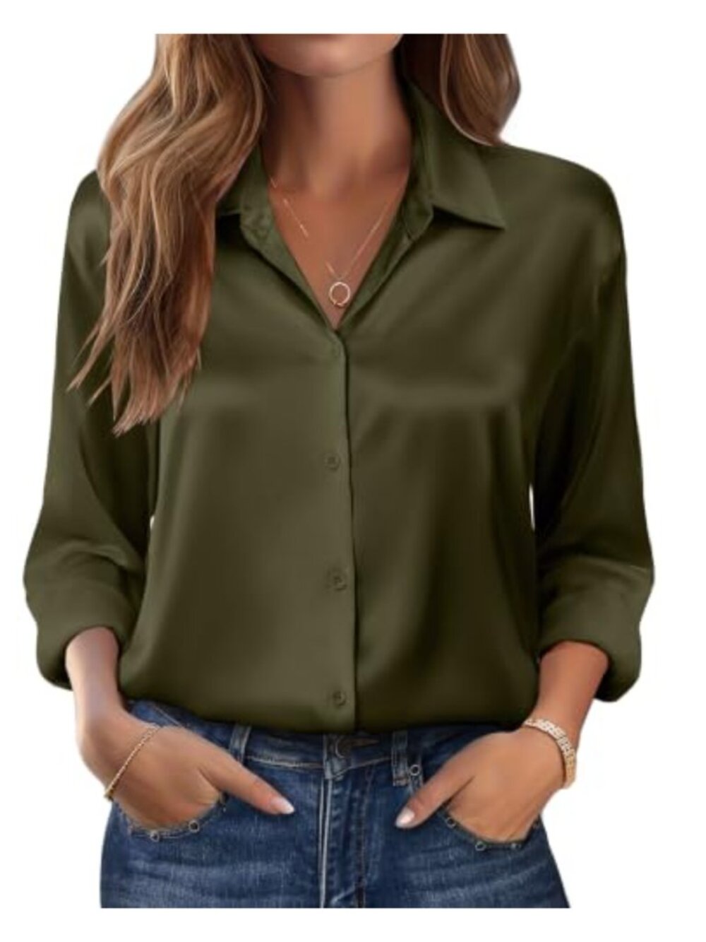 Satin Silk Blouse Women Dressy Casual Long Sleeve Button Down Shirt Work Tunic